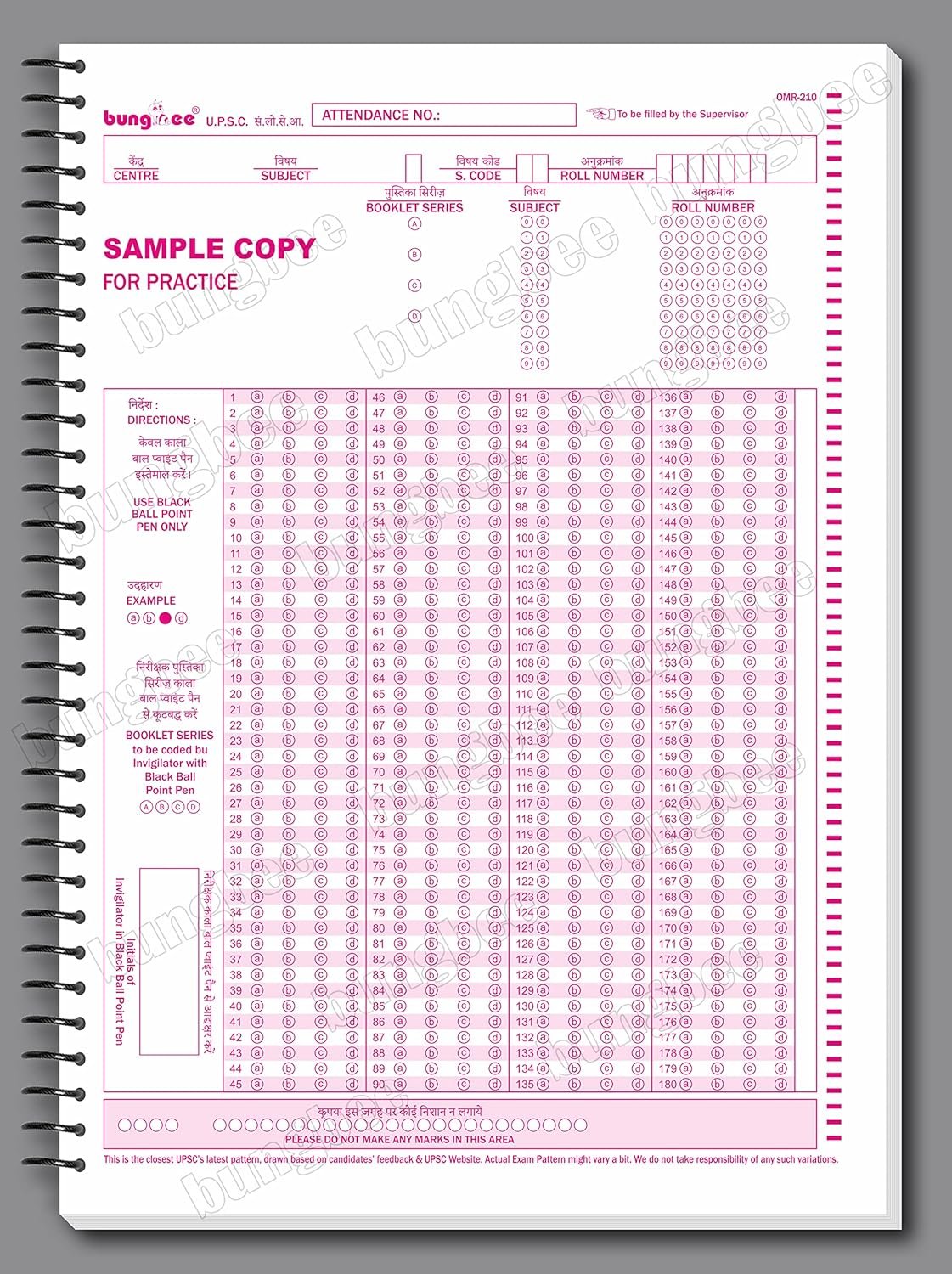 OMR Sheet PDF
Bungbee UPSC OMR Sheets Prelims for 2026 180 MCQs - 100 Sheets Spiral Booklet for Practice, A4 Size Spiral-bound