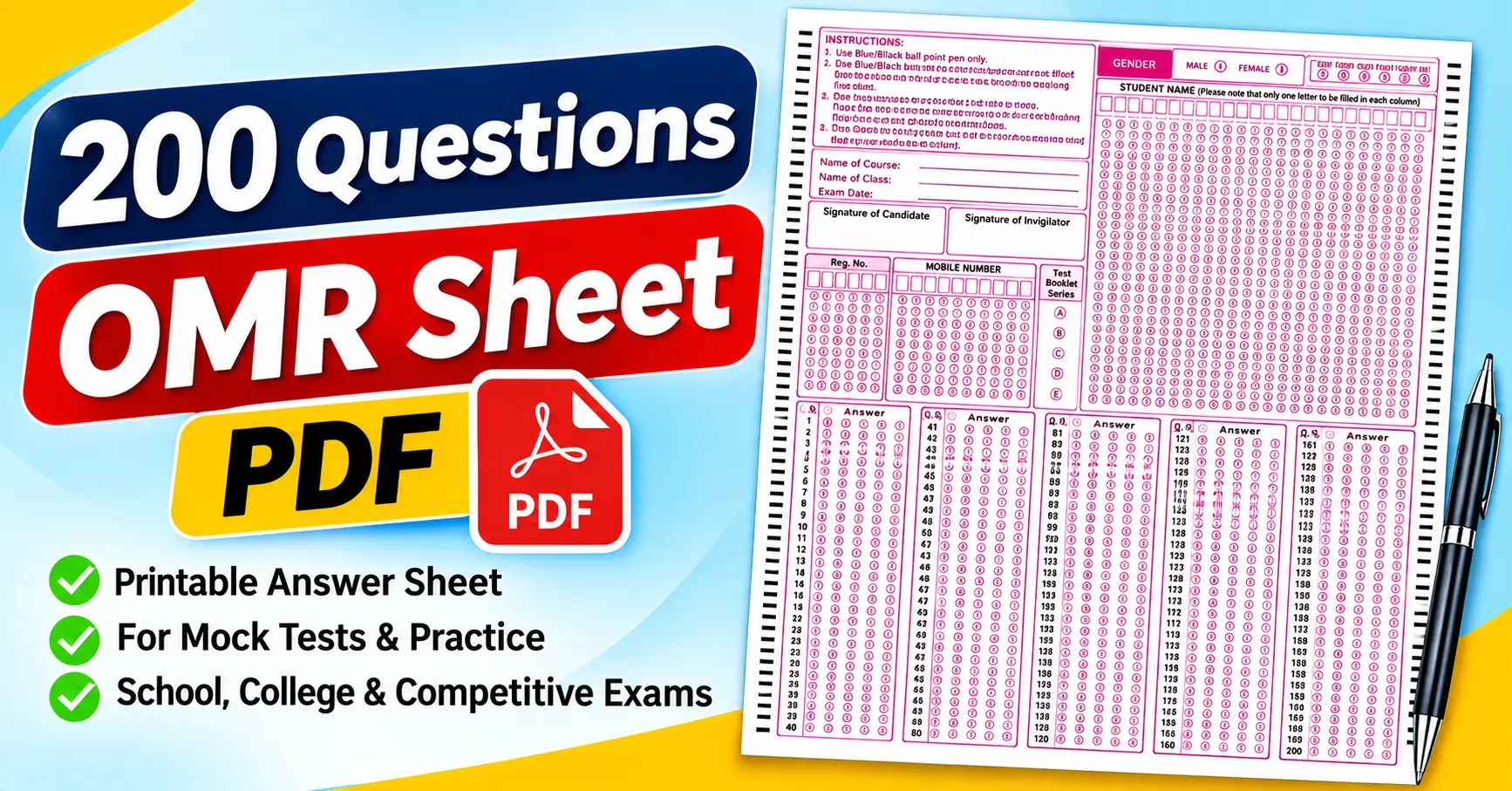 200 Questions OMR Sheet PDF – Free Printable Answer Sheet For Exams