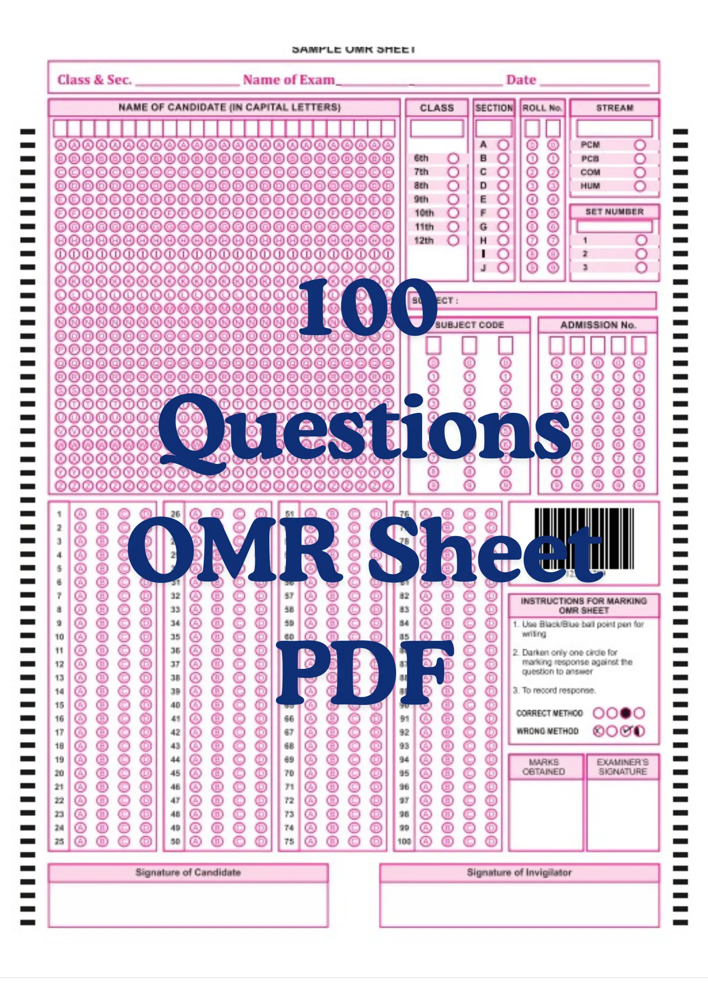 OMR Sheet PDF 100 Questions OMR Sheet PDF