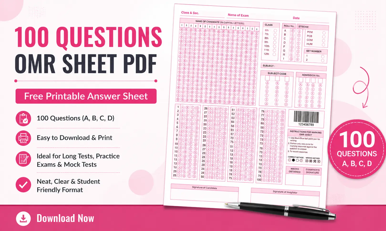 100 Questions OMR Sheet