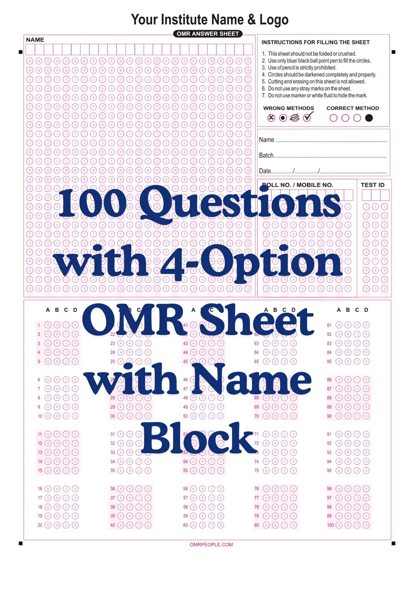 OMR Sheet PDF 100 Questions with 4-Option OMR Sheet with Name Block 2026