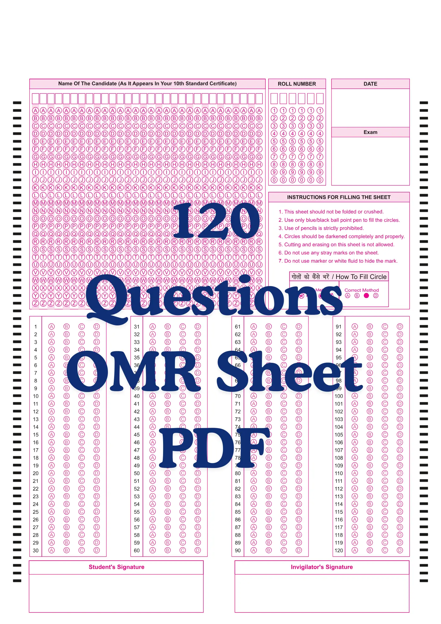 OMR Sheet PDF 120 Questions OMR Sheet PDF