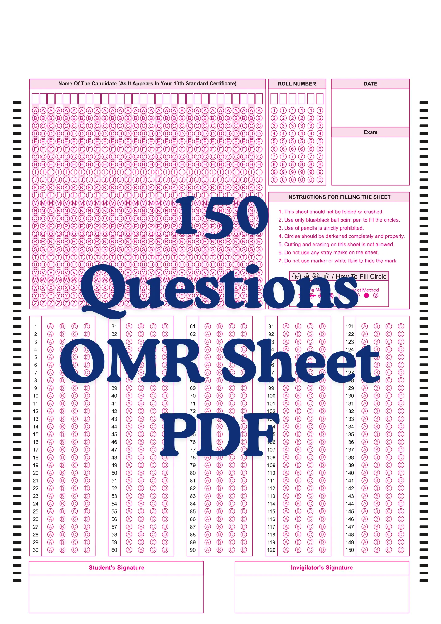 OMR Sheet PDF 150 Questions OMR Sheet PDF