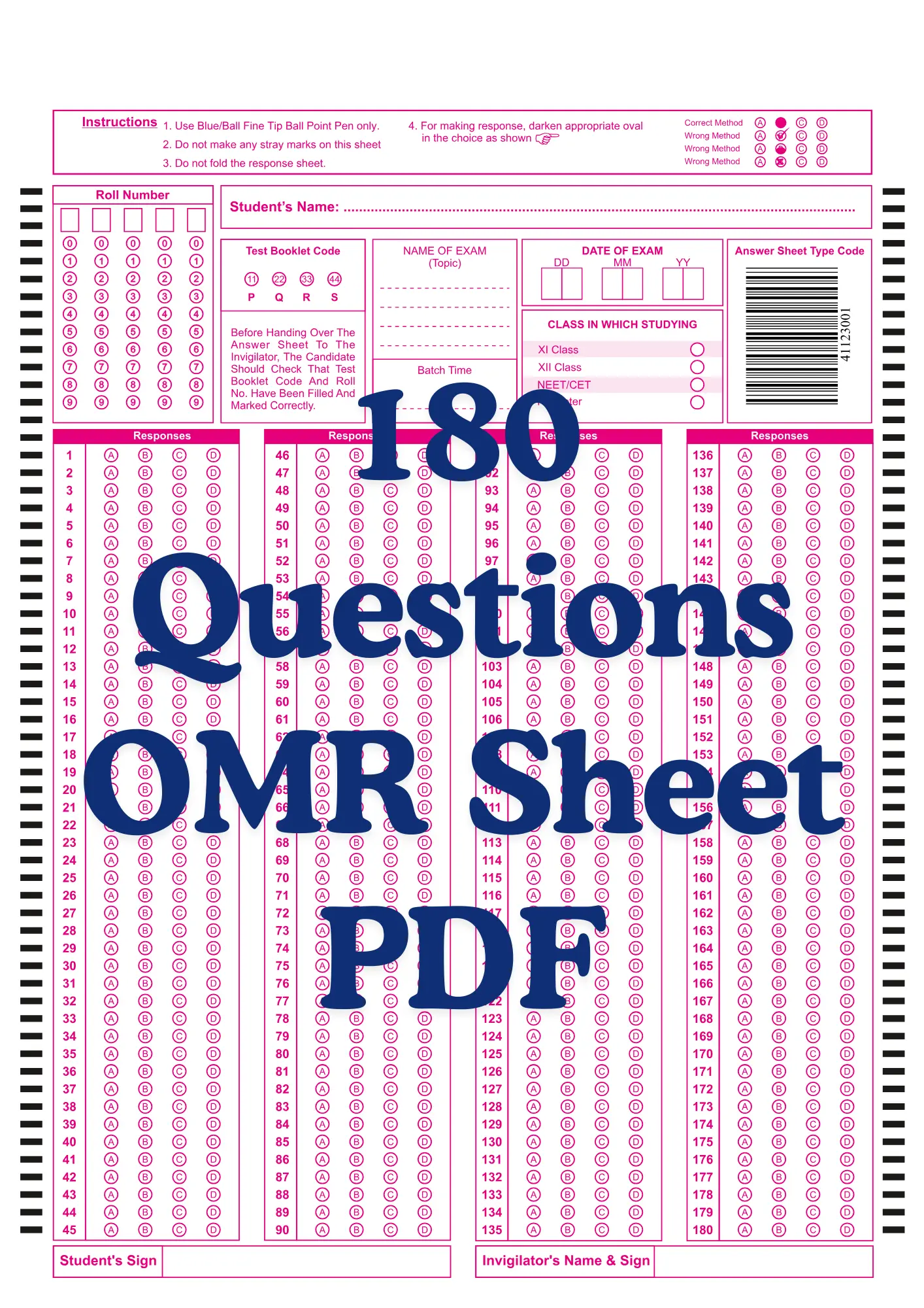 OMR Sheet PDF 180 Questions OMR Sheet PDF