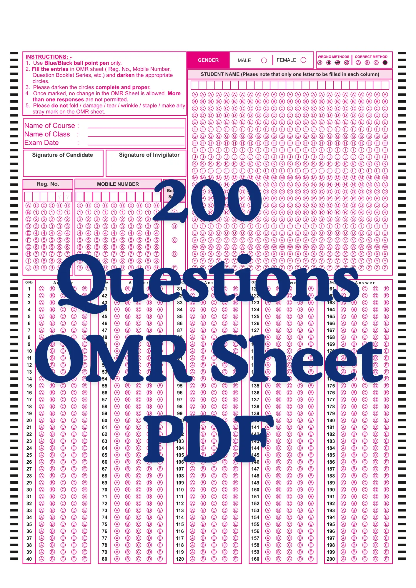 OMR Sheet PDF 200 Questions OMR Sheet PDF