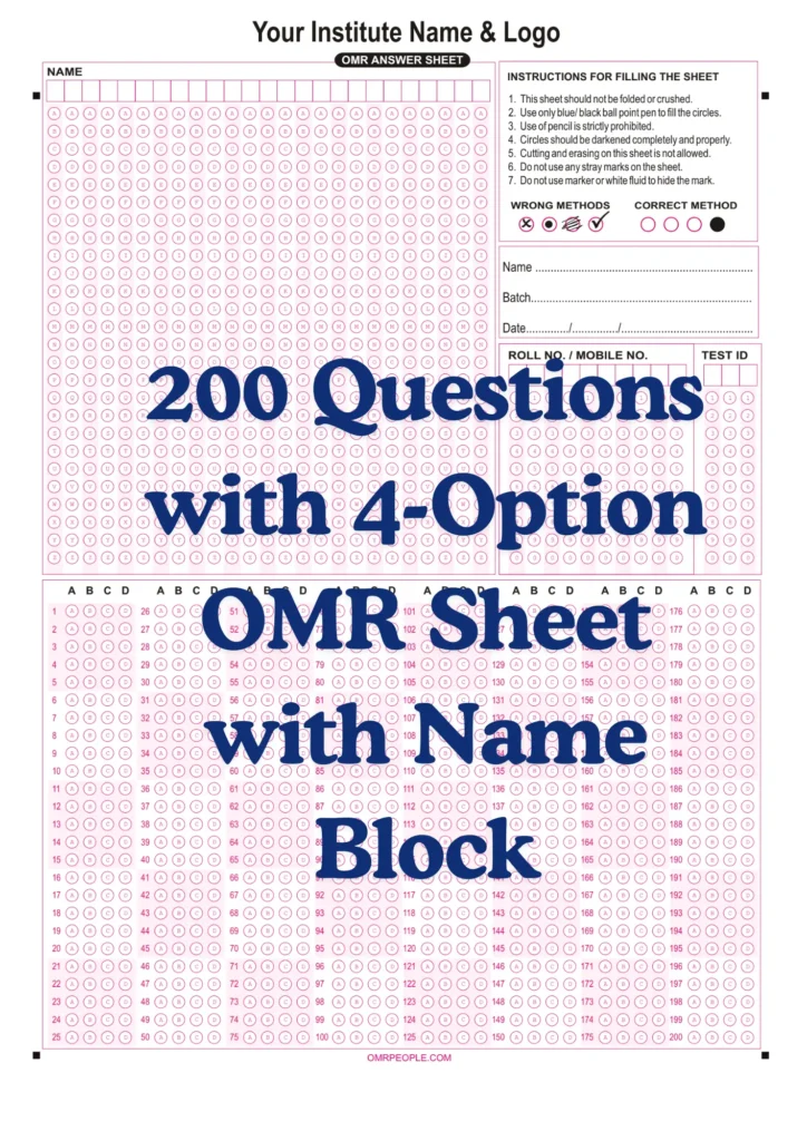 OMR Sheet PDF 200 Questions with 4-Option OMR Sheet with Name Block 0