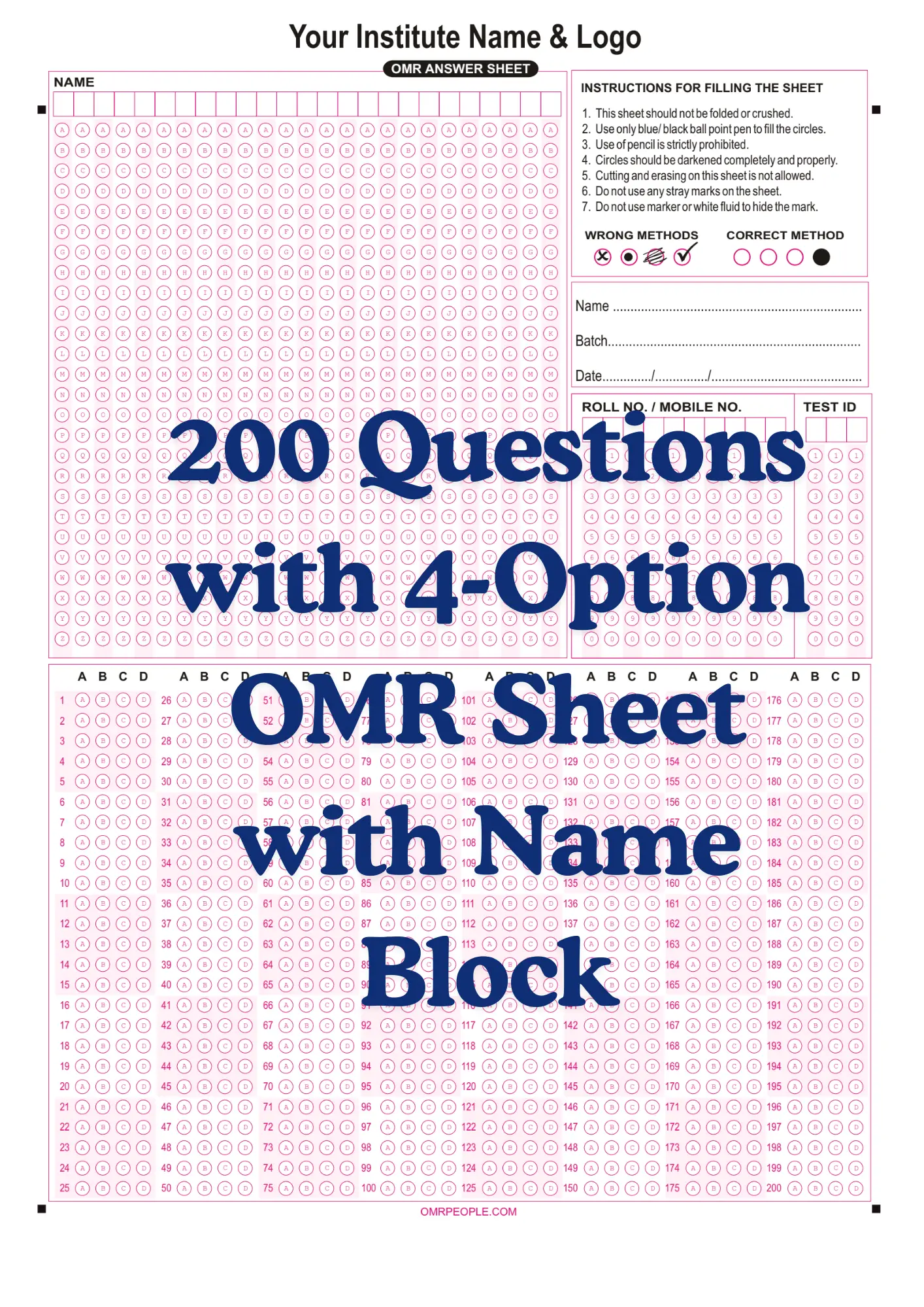 OMR Sheet PDF 200 Questions with 4-Option OMR Sheet with Name Block 0