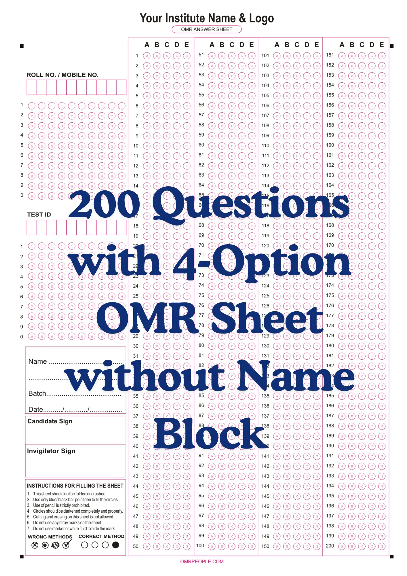 OMR Sheet PDF 200 Questions with 4-Option OMR Sheet without Name Block 0