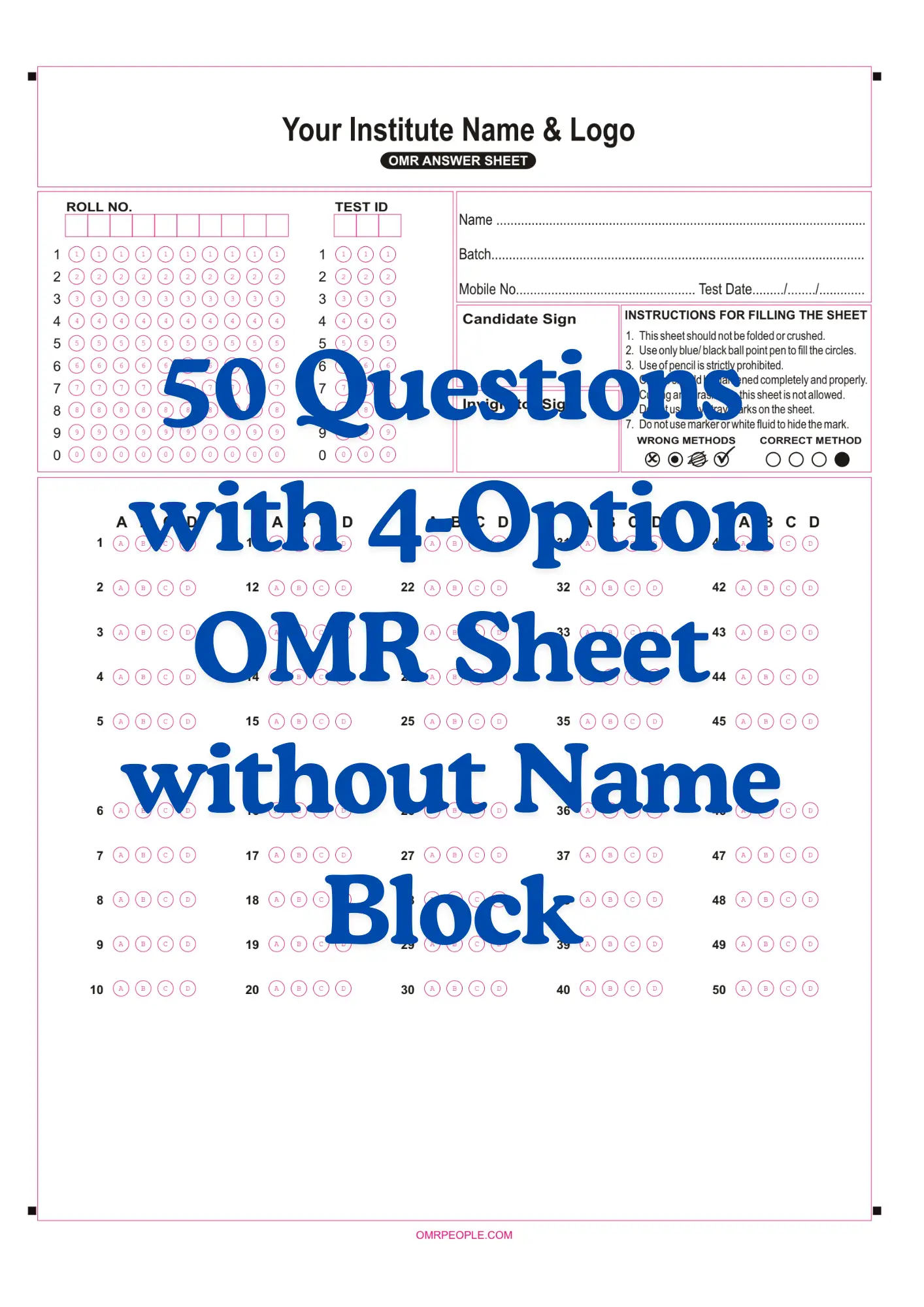 OMR Sheet PDF 50 Questions with 4-Option OMR Sheet without Name Block 2026