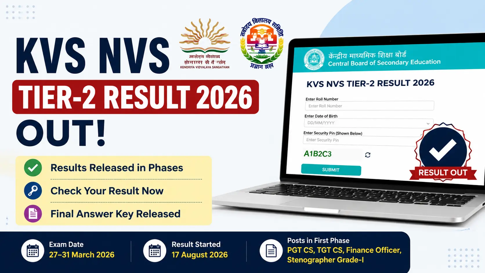 KVS NVS Tier-2 Result 2026 Out: Check Result and Final Answer Key KVS NVS Tier 2 Result 2026 1