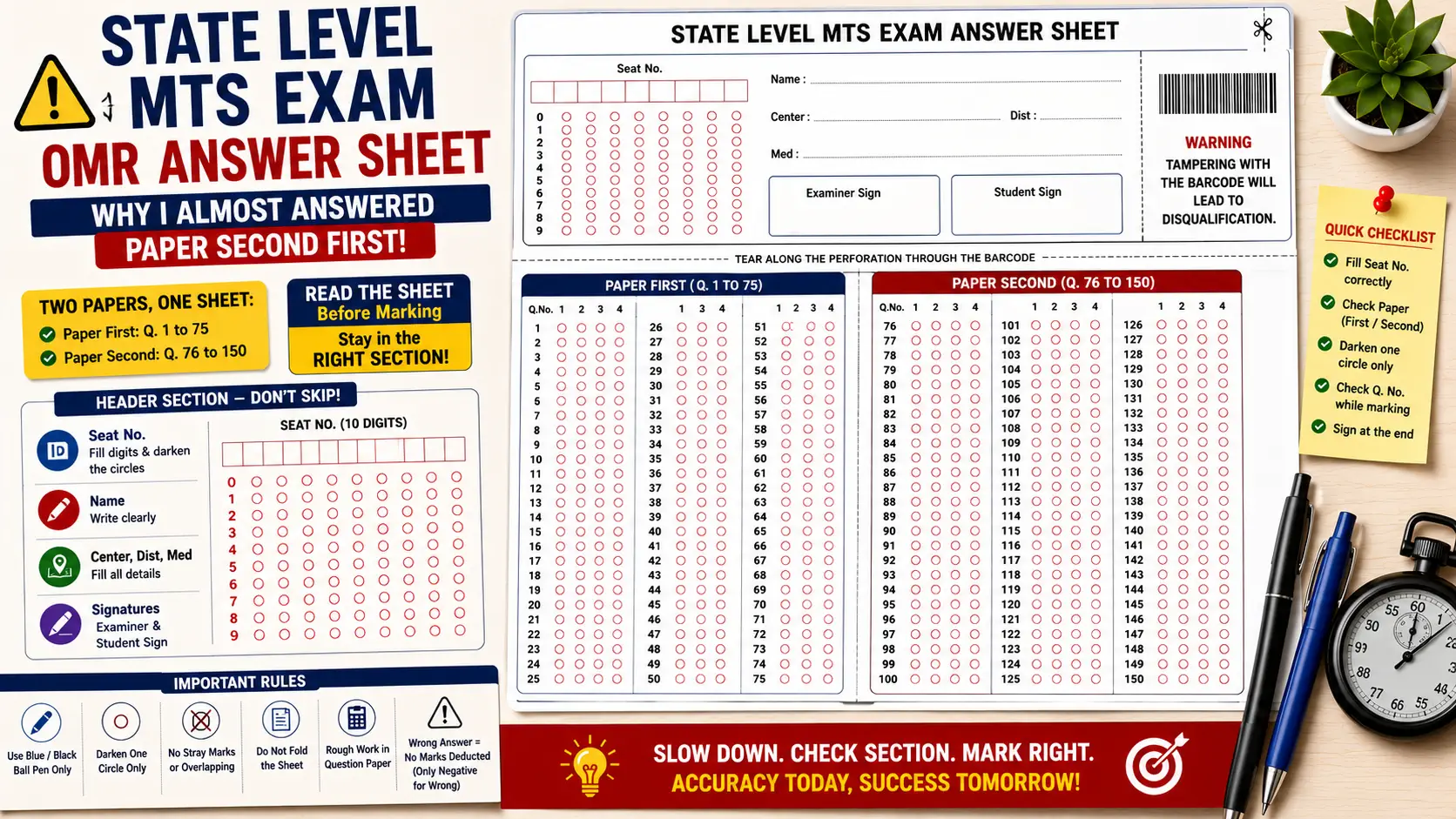 State Level MTS Exam OMR Answer Sheet